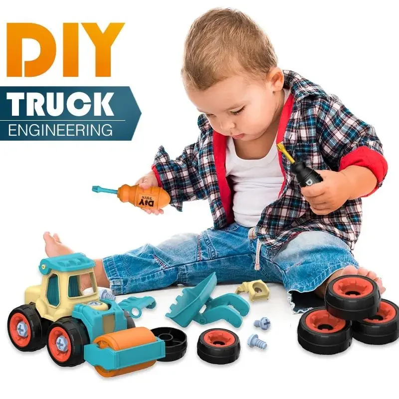 4Pcs Construction Toy DIY Engineering Car Fire Truck Screw Build and Take Apart Great For Kids Boys Educational Toy For Children