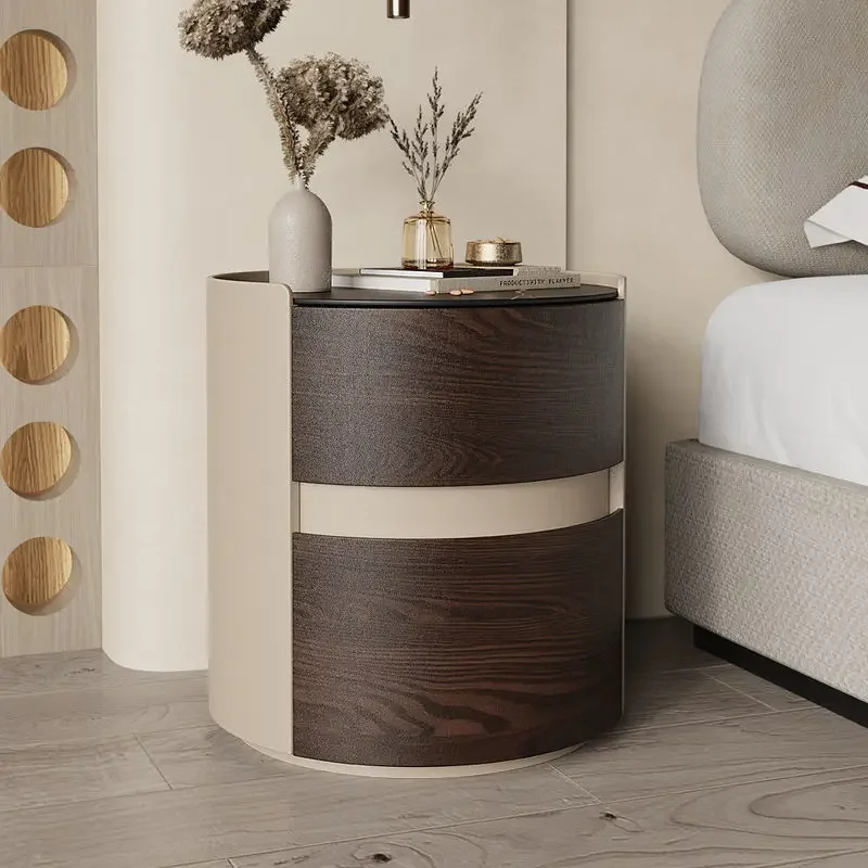 Italian style rock board bedside cabinet for storing household bedroom drawers, wireless charging, circular edge,leather bedside