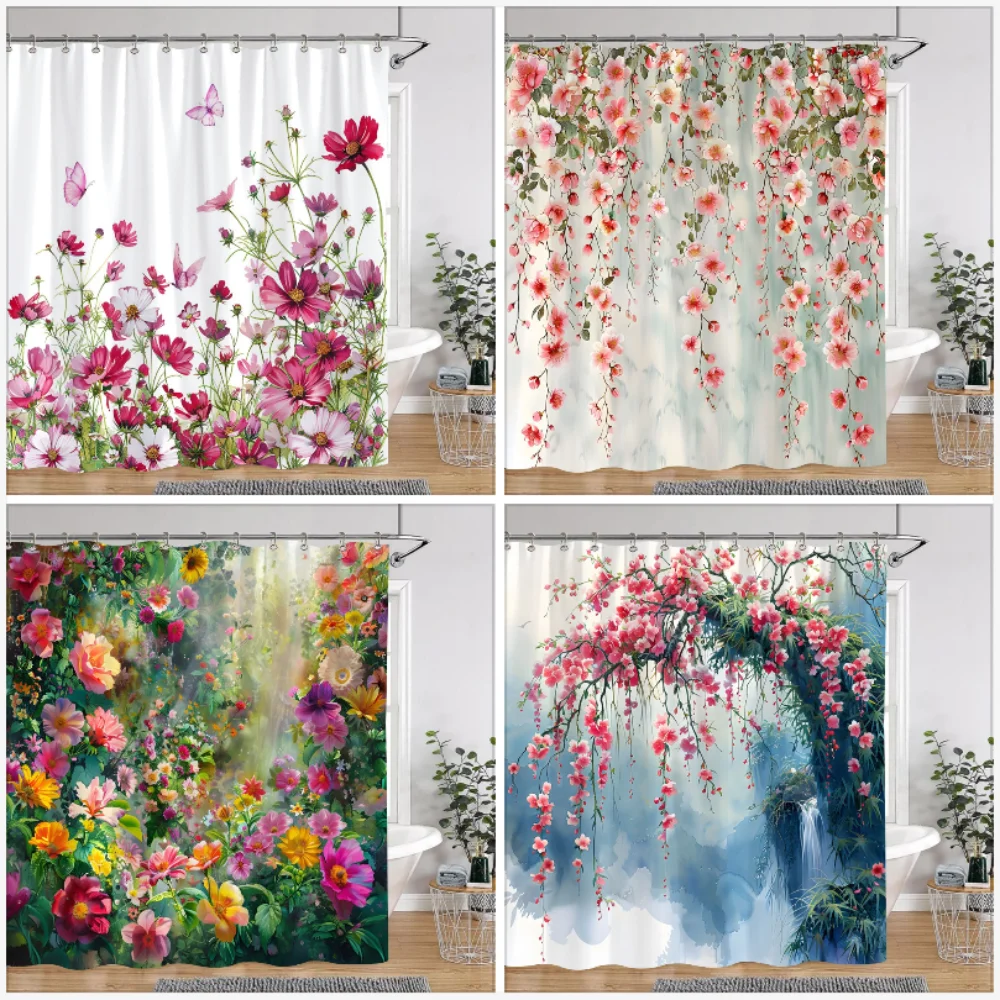 

Watercolour Floral Print Shower Curtain Gorgeous Floral Rustic Flower Polyester Fabric Shower Curtains Bathroom Decor with Hooks