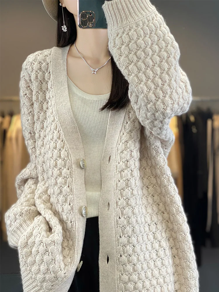 Light Luxury Autumn Winter Women Sweater 100% Merino Wool Knitted Cardigan Fashion Outerwears Loose Long Sleeve Clothing Tops