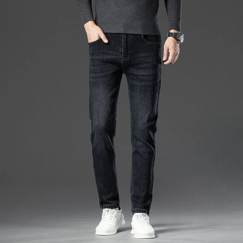 خريف شتاء جديد مرونة عالية رجال الأعمال الجينز الضباب أزرق أسود رمادي سراويل جينز الرجال السراويل ملابس العمل العلامة التجارية #4