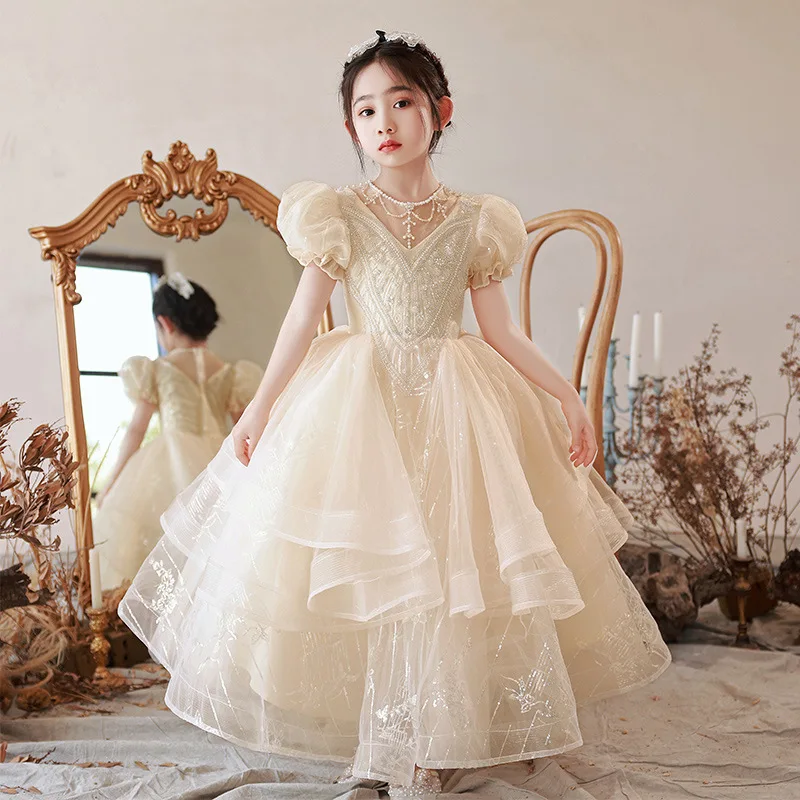 

2024 New Children's Dress Princess white Dress Host Girl's Dress Little Girl Fluffy Gauze Girl Piano Performance Dress Walk Show