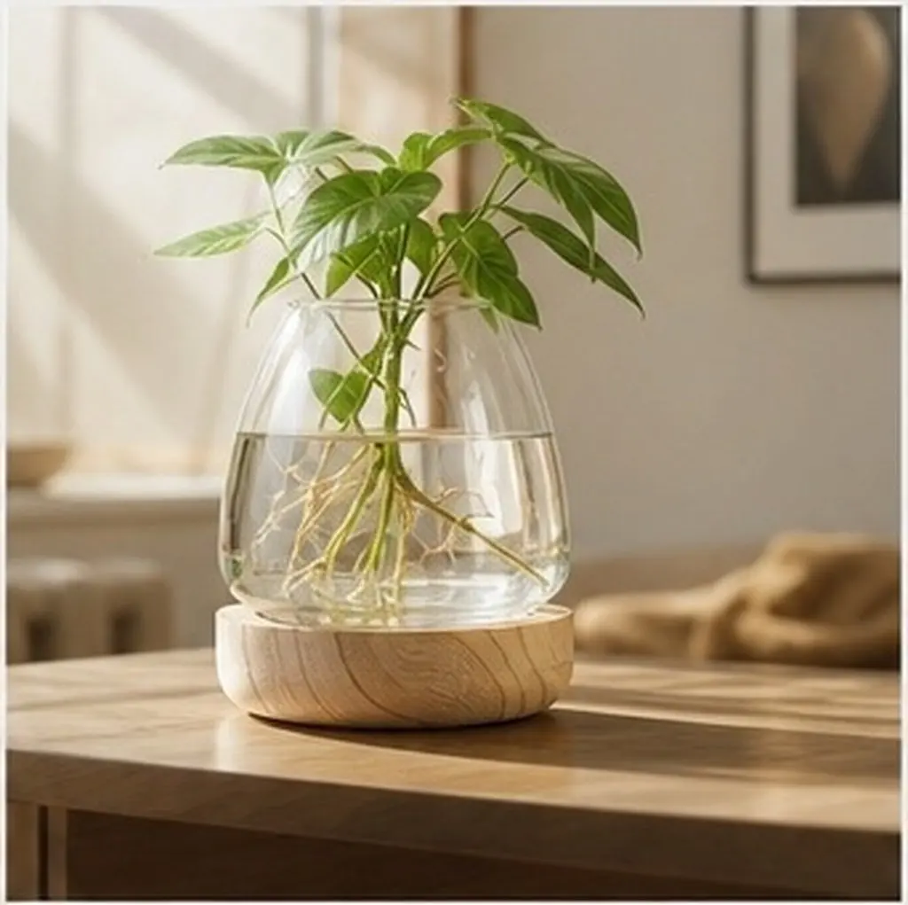 Wooden Base Glass Hydroponic Planter Vase for Desktop Decor, Terrarium & Small Fish Bowl