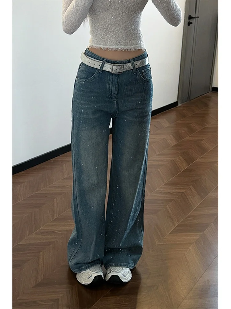 

Ретро-джинсы в парижском стиле, блестящие, свободного прямого кроя, ультратонкие, с термостразами, повседневные женские джинсы