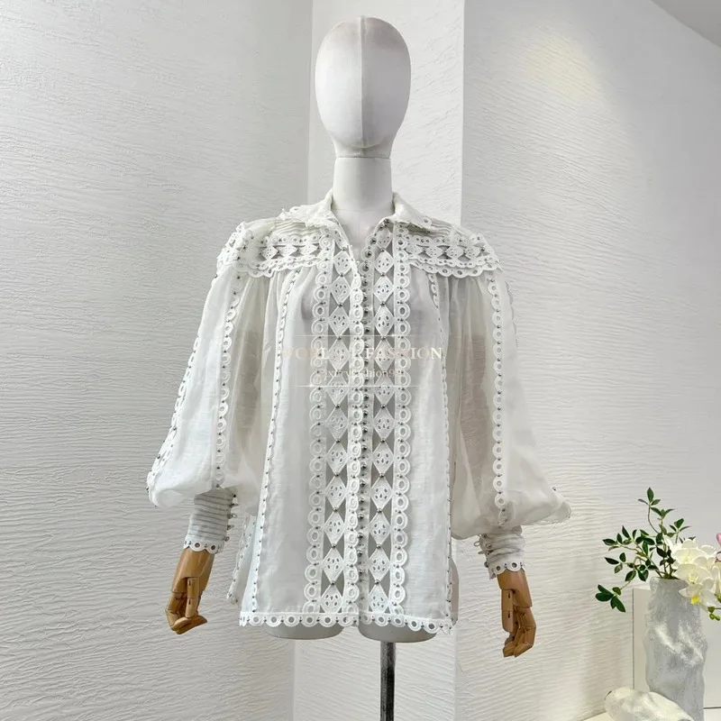 

White Long Sleeve Embroidery Beading Cut Out Blouse Tops 2025 New Design