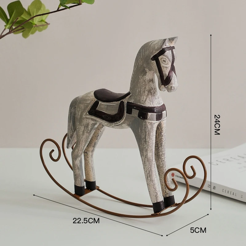 Nordic Retro Wooden Rocking Horse Ornaments Cute Animal Figurine Desktop Crafts Baby Shower Kids Birthday Gift DIY Home Decor