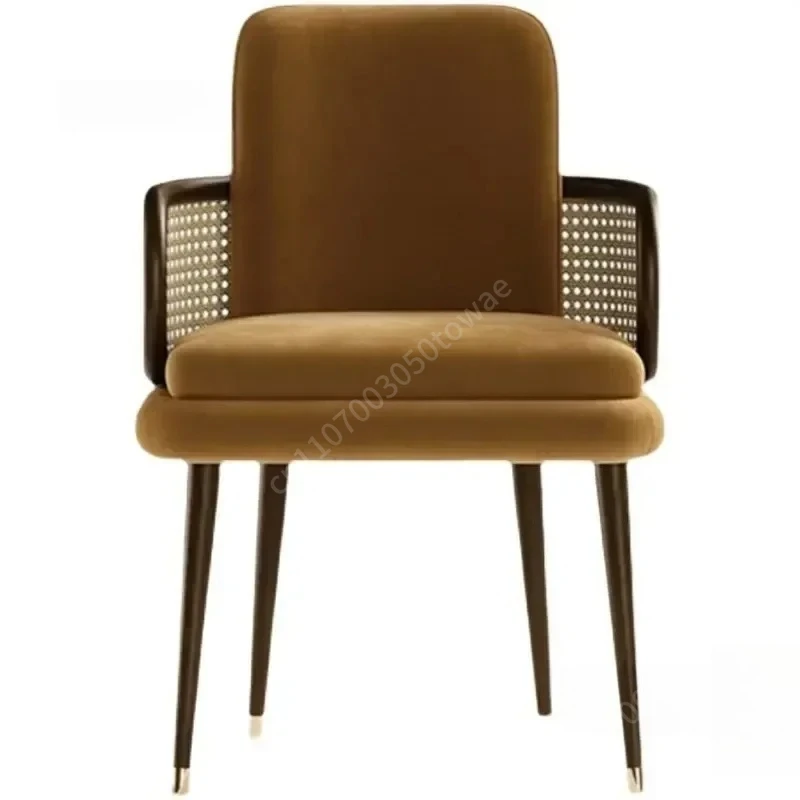 Brown Velvet Upholstered Dining Chair with Solid Wood Legs, Mid-Century Rattan Arm Accent Elegant Lounge Chair for Living Room