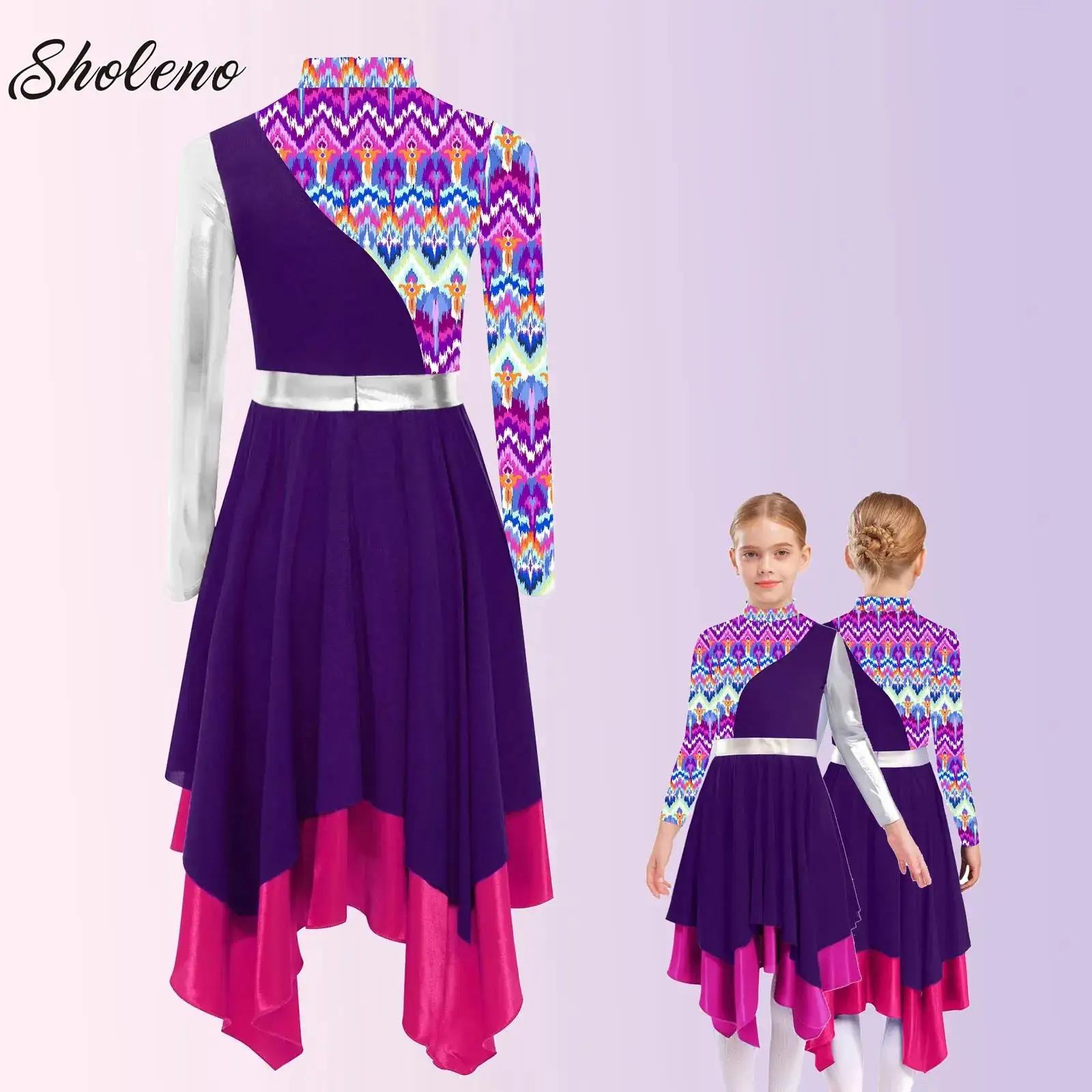 

Kids Girls Print Praise Dance Dress Liturgical Long Sleeve Stylish Metallic Color Block Irregular Dress Performance Costume