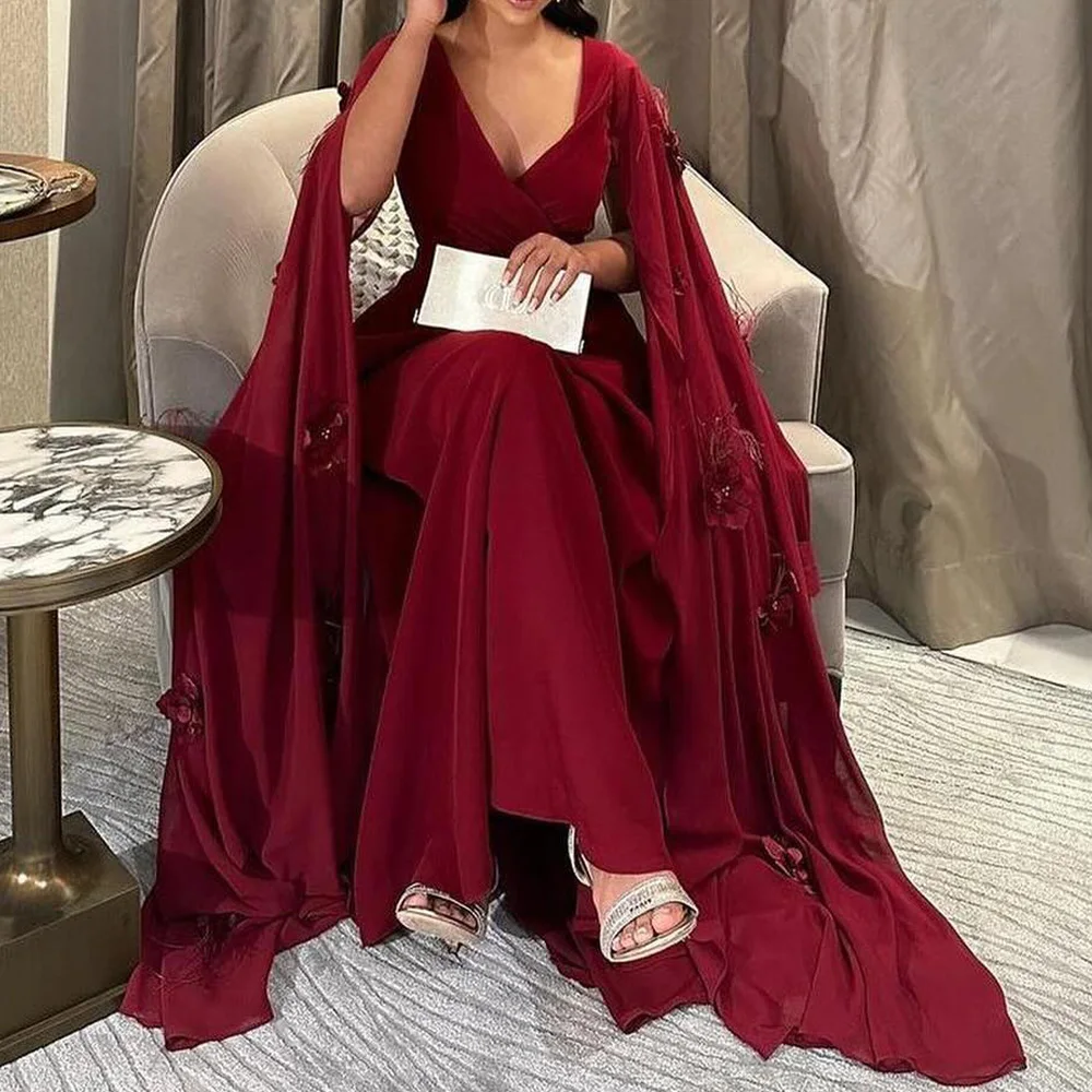 

Chiffon Appliques Pearls Feathers Floor Length V-Neck Watteau Train A-Line Off the Shoulder Exquisite and Modern Evening Dress