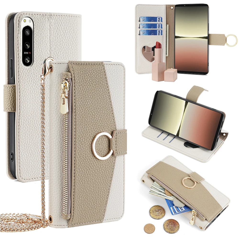 Luxury Zipper PU Leather Wallet Case for Sony Xperia 1 III 1 IV 10 IV 5 III 5 IV Funtional Phone Case with Lanyard Card Holder