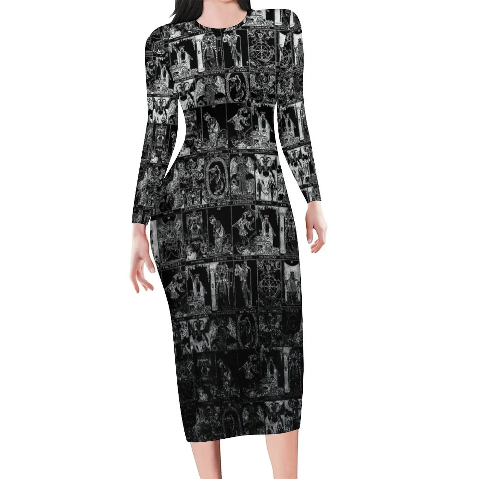 Major Arcana Tarot Bodycon Dress Spring Silver and Black Sexy Dresses Female Long Sleeve Design Street Wear Dress Large Size 6XL