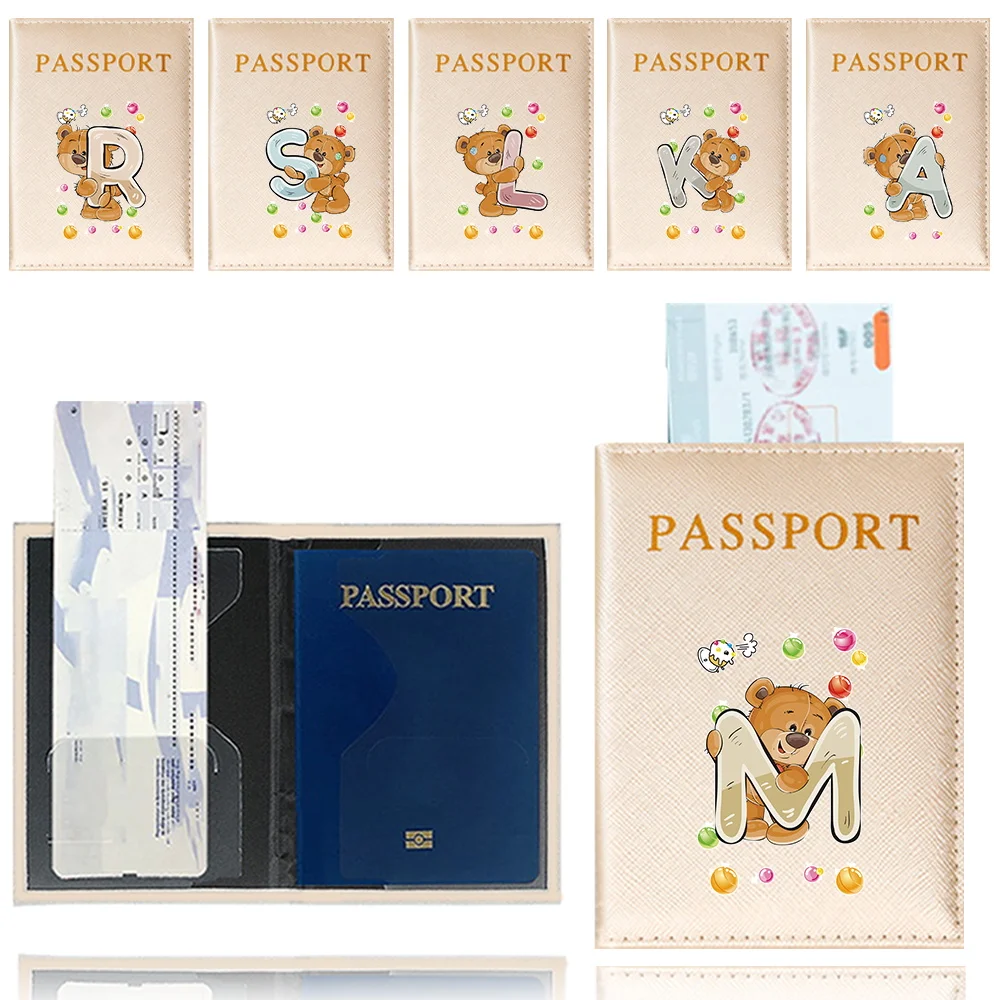 Passport Case Credit Card Storage Case Simplicity PU Leather Materia Travel Passport Cover for Men and Women Bear Letter Series