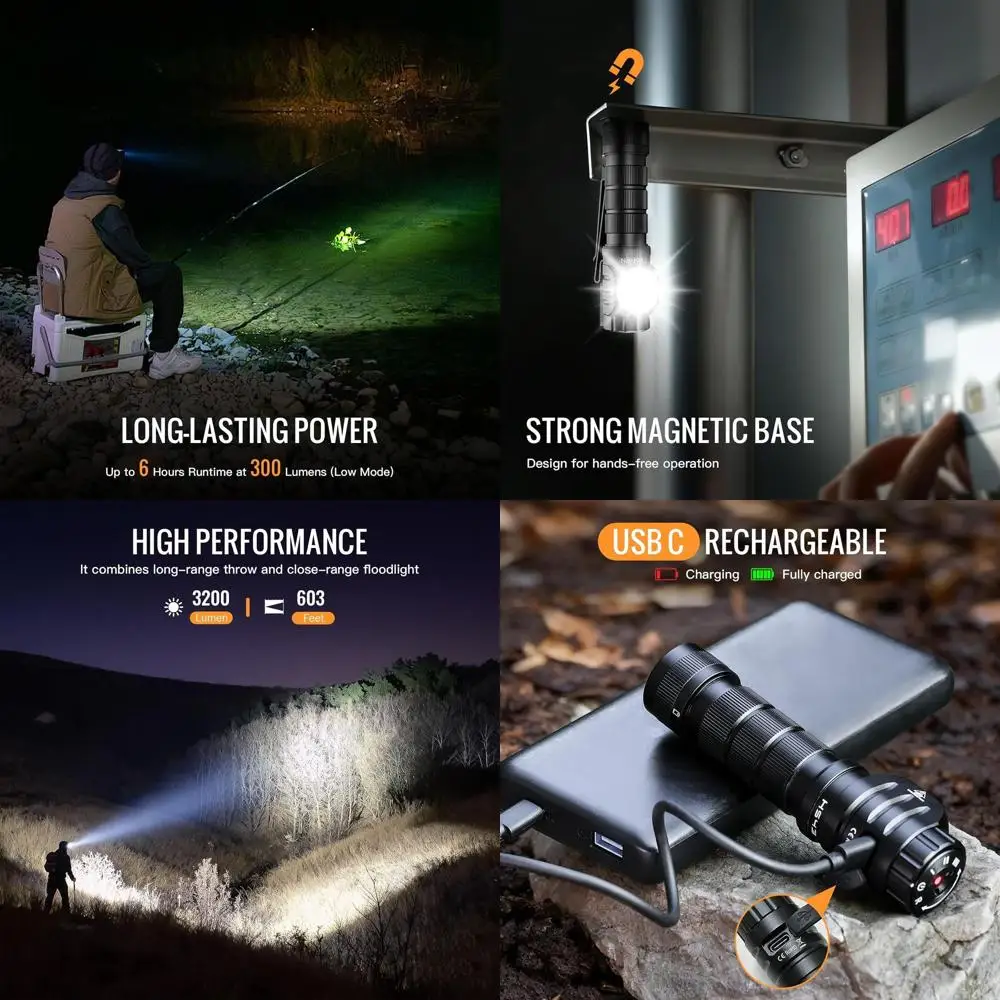 

Перезаряжаемый светодиодный фонарь 3200 люмен с красным светом, водонепроницаемый, с магнитным основанием, идеально подходит для взрослых, кемпинга, походов, охоты, длительного использования