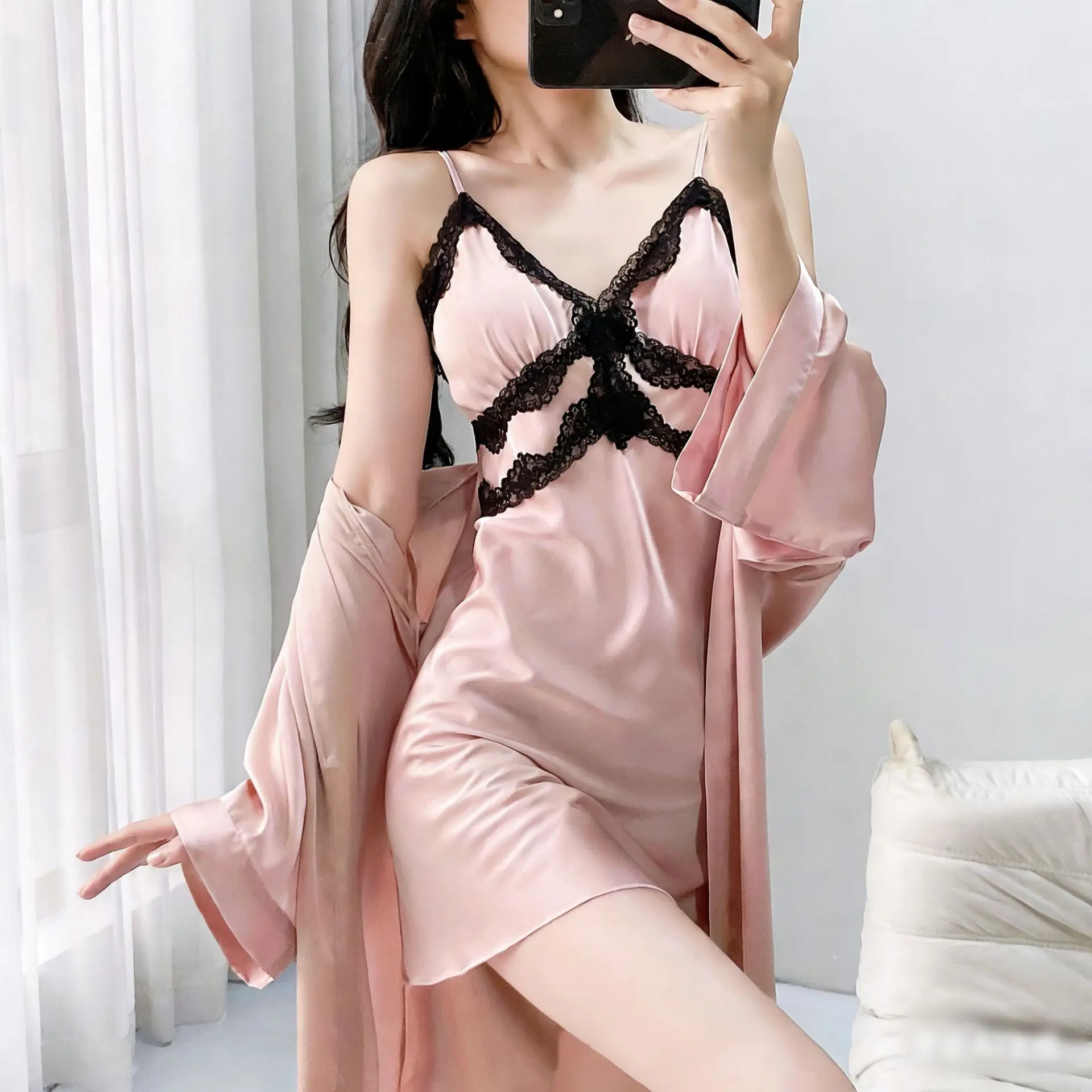 

Summer New Suspender Nightgown Robe 2PCS Set Sexy Patchwork Lace Lingerie Nightdress Loose Casual Silk Satin Homewear Loungewear