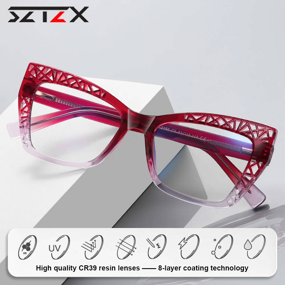 SZTZX الكلاسيكية النساء مضلع قصر النظر القراءة النظارات الطبية الجوف التدريجي تصميم الضوء الأزرق تصفية النظارات البصرية متعددة البؤر