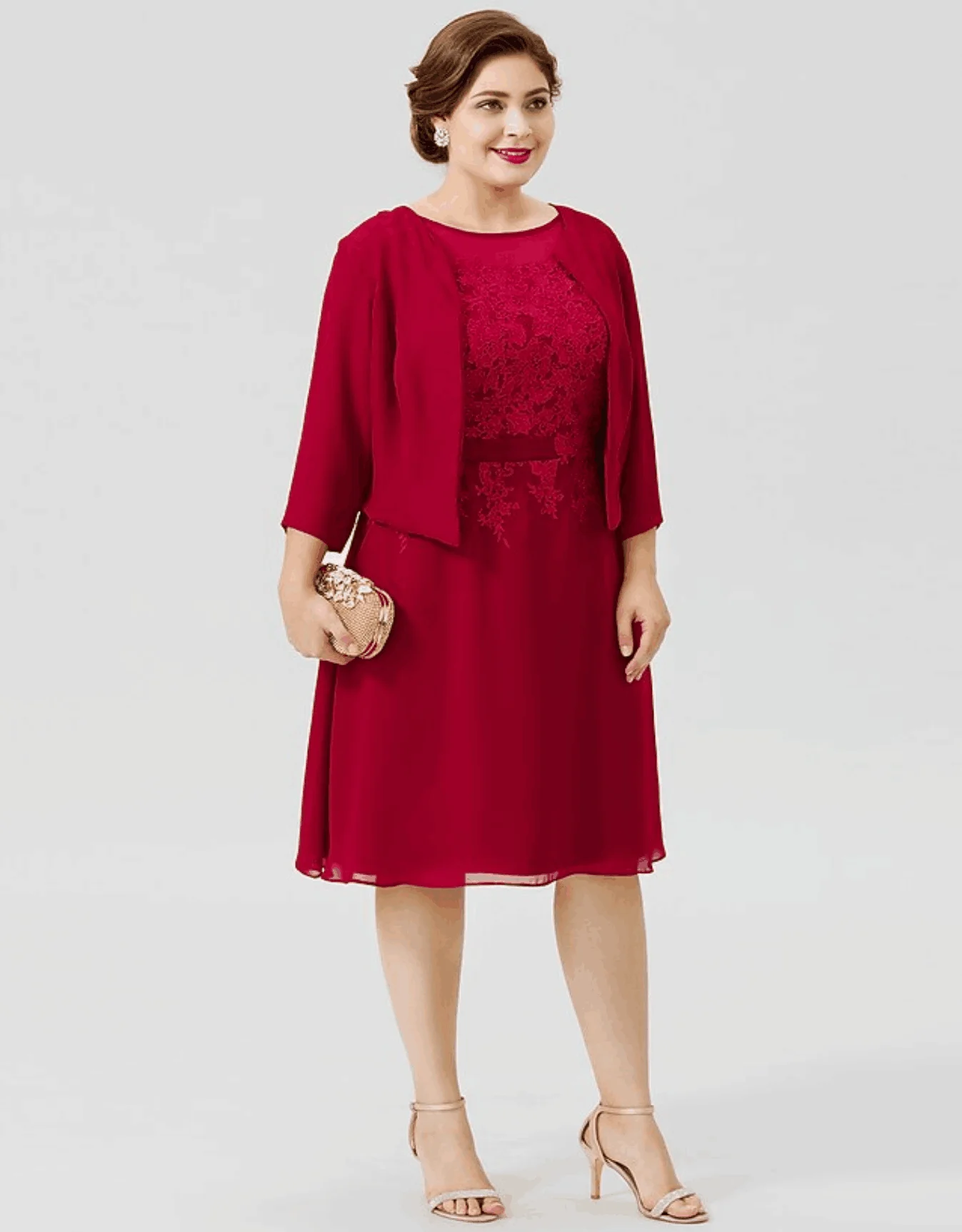 Scoop Neck Chiffon Lace Appliques 3/4 Length Sleeve Wrap Mother of the Bride Dress