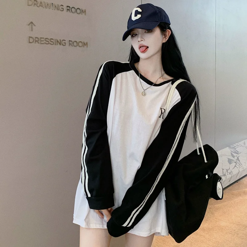 

Spring and Autumn New Korean Student T-shirt Women's Long Sleeve Medium-Length Loose Large Women's Clothing Top