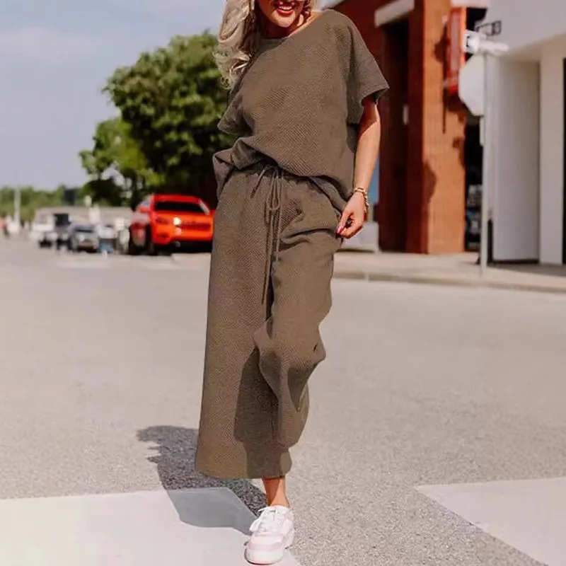 2025, neue modische Rundhals-Top + Hose mit weitem Bein, zweiteilige Sets für Damen, Sommer, lässig, lockeres Hemd und Hose, Set für Damen