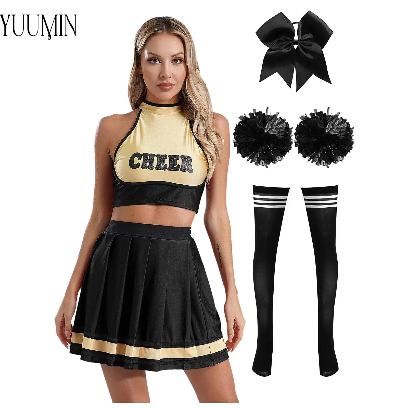 

Women Cheerleading Uniform Outfit Letter Printed Crop Top with Pleated Skirt and Flower Ball Bowknot Hair Tie Headband Socks