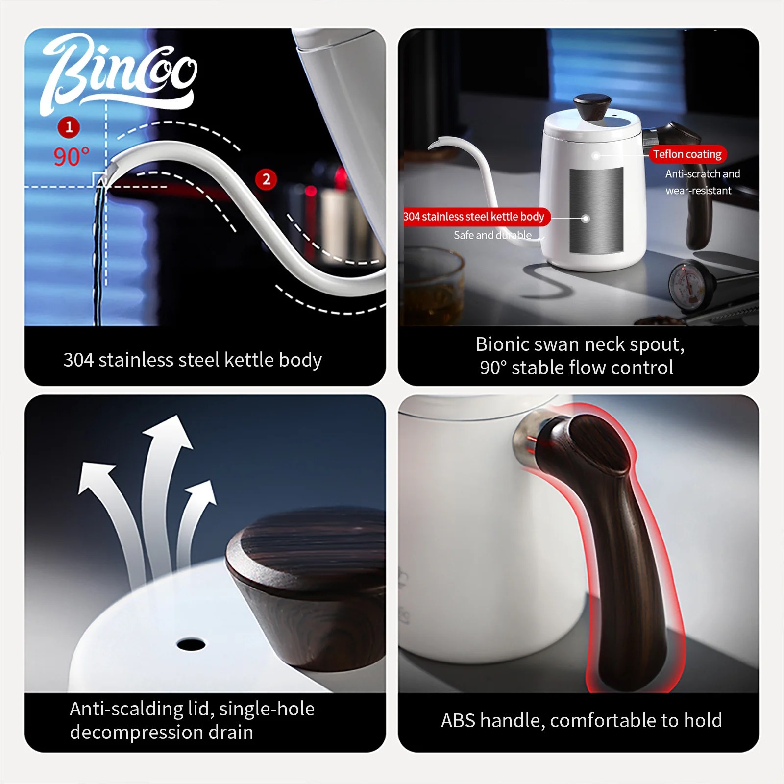 Bincoo Hand Coffee Kettle Stainless Steel Long Spout Pour Over Kettle 400ml/600ml Narrow Mouth Water Jug for Drip Coffee Maker