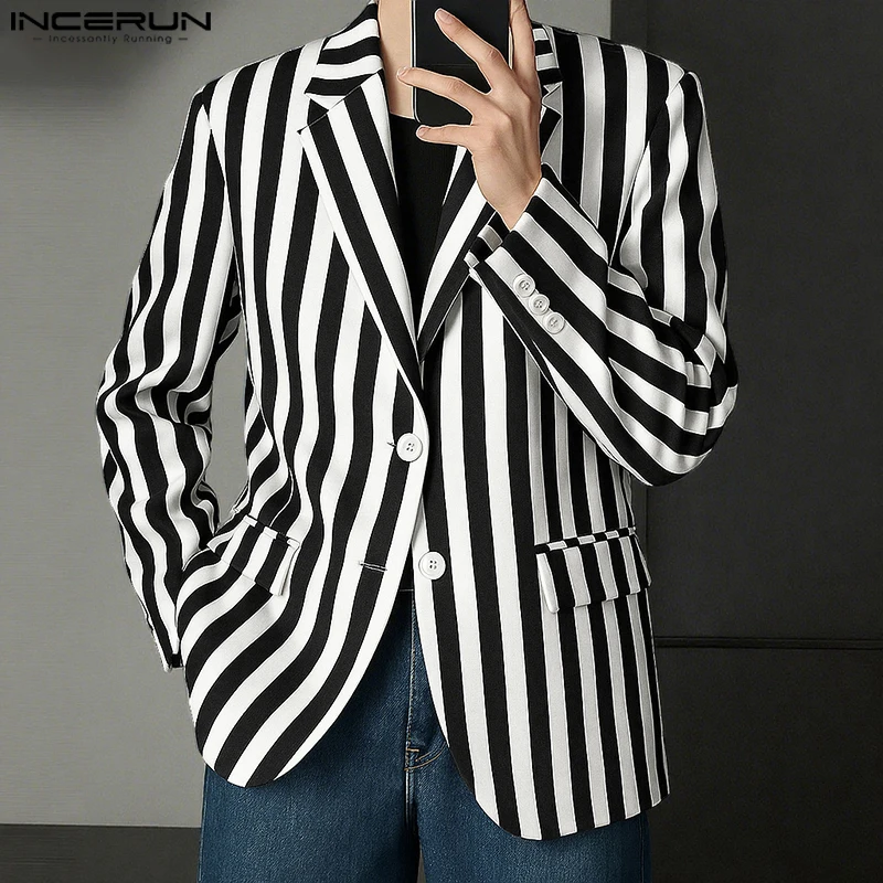 

INCERUN Men Striped Blazer Lapel Long Sleeve Button Casual Male Suit Streetwear Spring Autumn Fashion Thin Coats Blazer Men 2025