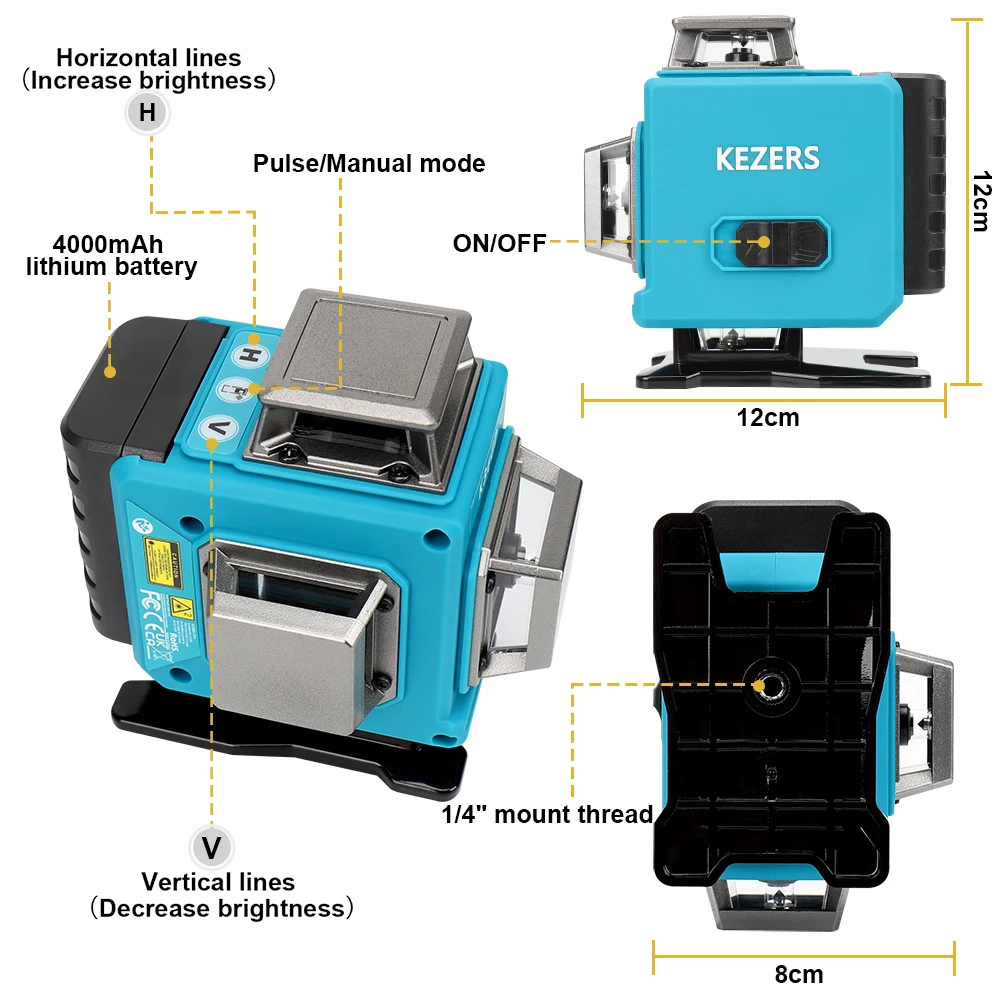 KEZERS-nivel láser verde, herramienta de nivelación 4D de 16 líneas, nivelado automático 360, batería de iones de litio de 4000mAh, Control remoto,