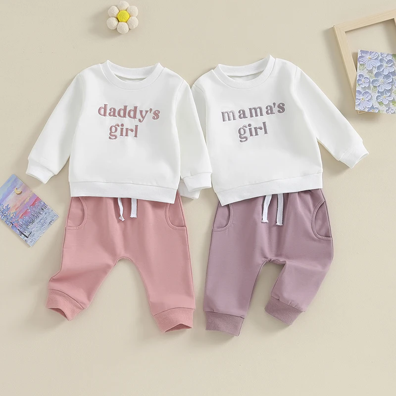 VISgogo 2pcs Toddler Baby Girl Cute Clothes Letter Embroidery Print Long Sleeve Sweatshirt Tops Long Pants Spring Fall Outfit