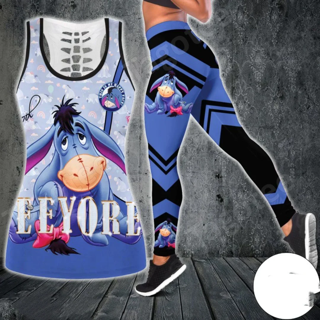 Disney Eeyore Women\'s Hollow Vest + Women\'s Leggings Yoga Suit Fitness Leggings Sports Suit Winnie the Pooh Tank Top Legging Set