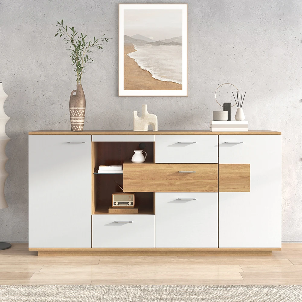 KOMHTOM Credenza moderna con molti contenitori, illuminazione a LED, 160x40x77 cm, bianco