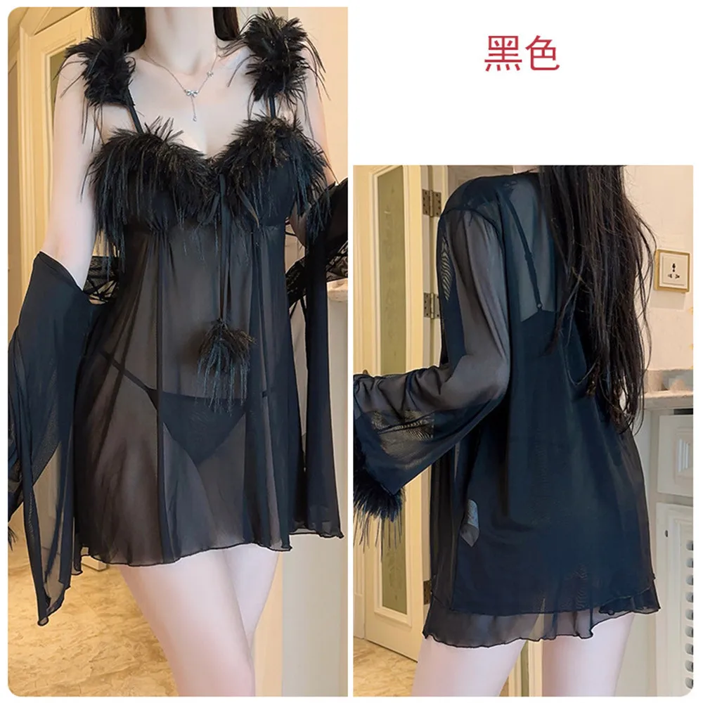Elegant Female Nighty&Robe Set Mesh Bathrobe Nightgown Sexy Fur Applique Nightdress Sleepwear Summer Home Wear