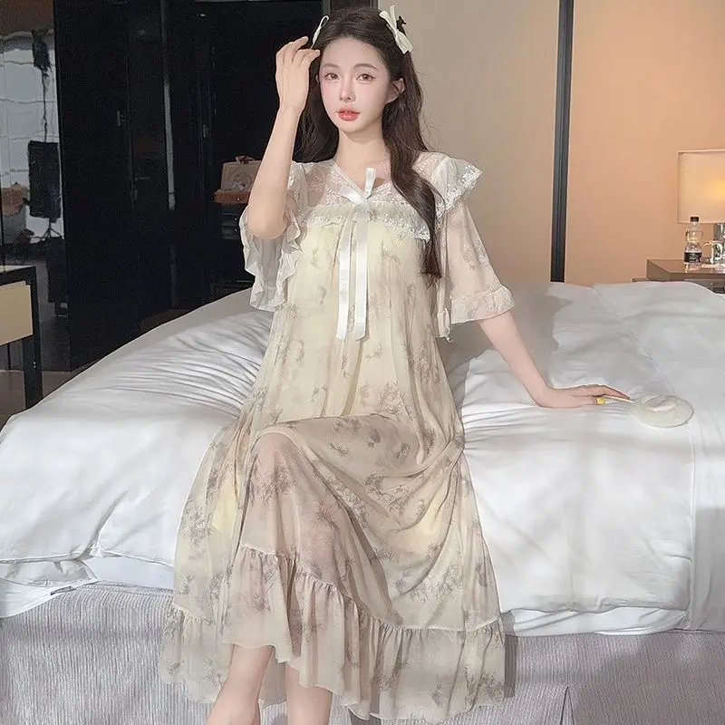 

Home Wear Thin Palace Nightgown Mesh Cute Short-sleeved Lace Pajamas Sleep Women Sleeping Woman Princess Sleepwear Lingererie