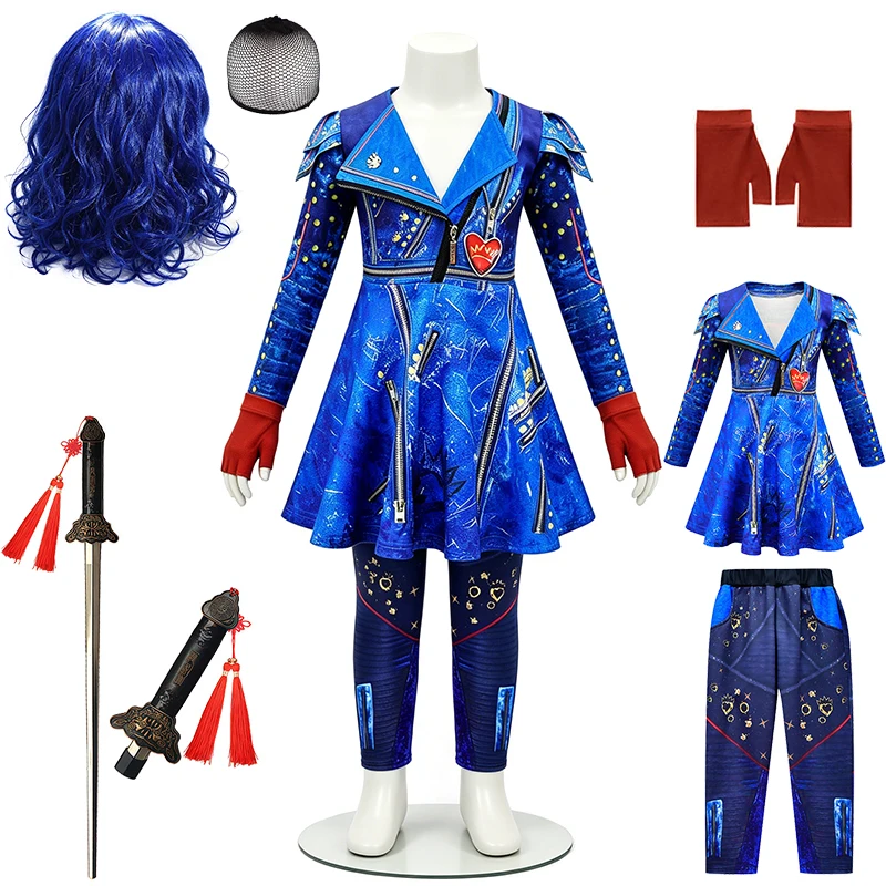 Girls Blue Villain Princess Cosplay Costume Halloween Birthday Party Stage Performance Children's Clothing Carnival Kids Clothes