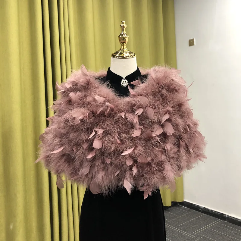 Women's Shawl, Real Fur Cape, Suitable for Wedding, Party and Party Costumes, Paired with 100% Turkey Feather Shawl 40cm*125cm