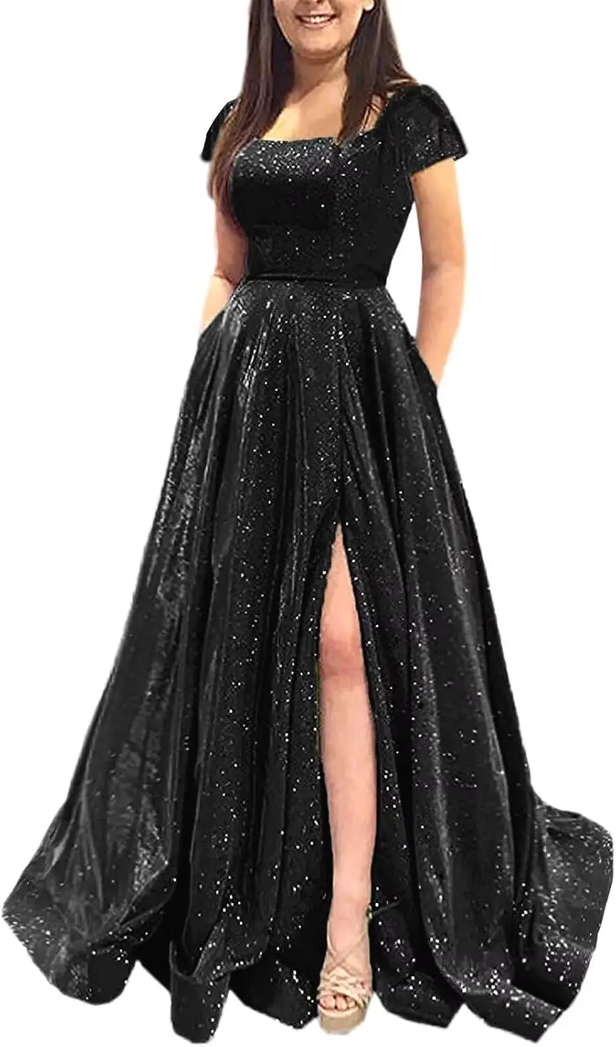 Langes Ballkleid mit Taschen, formelles Abendkleid, seitlich geschlitztes, funkelndes Partykleid, elegantes formelles Cocktailball-Abendkleid für Damen