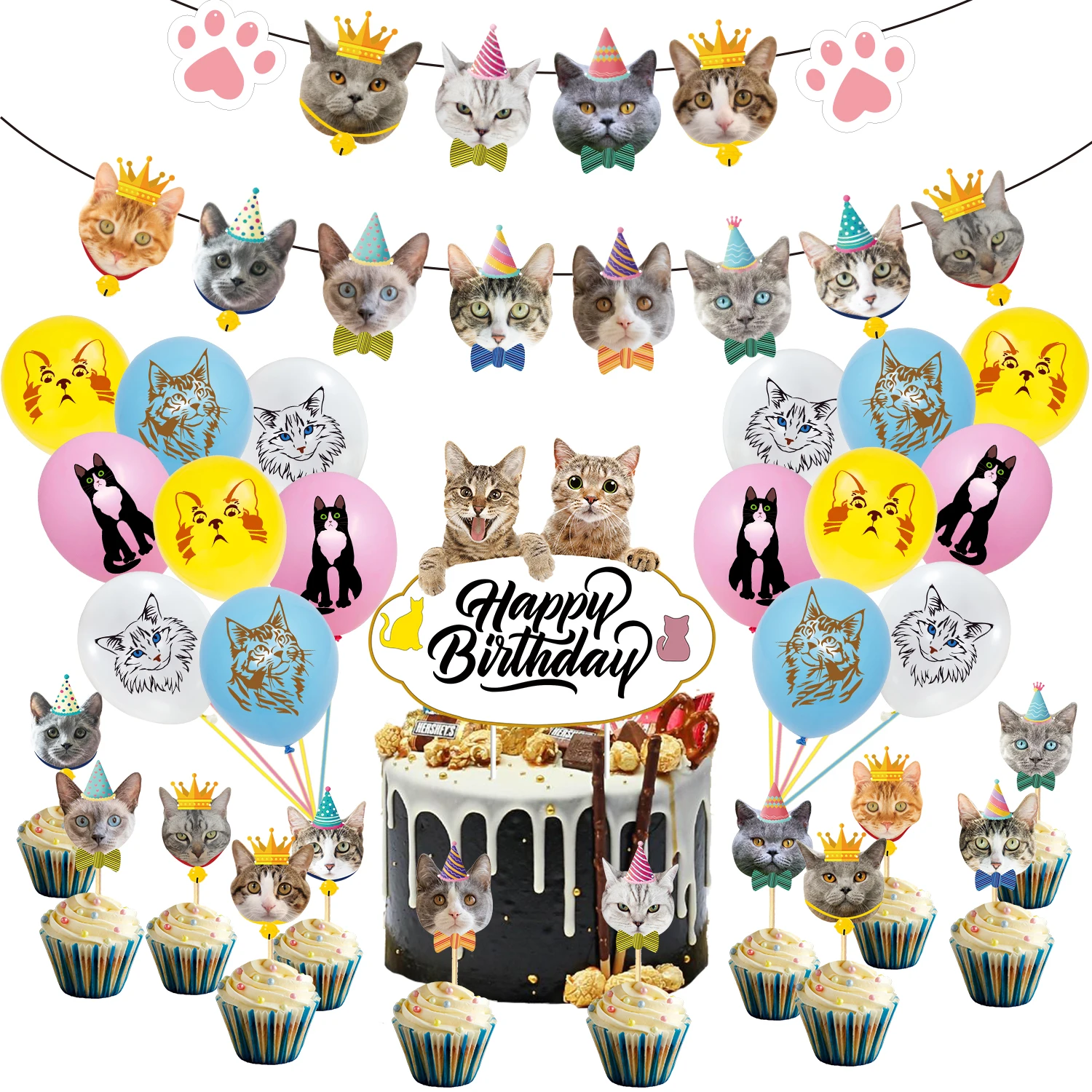 

Pet Cat Theme Party Decorations Banner Balloons Caketoppers Cat Face Disposable Birthday Party Supplies Set