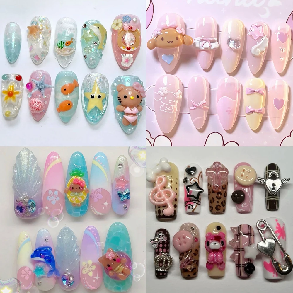 

Spice Girl Cartoon Black Skin Hello Kitty Rilakkuma Handmade Fake Nail 3D Flowers Dolphin Starfish French Long Almond False Nail