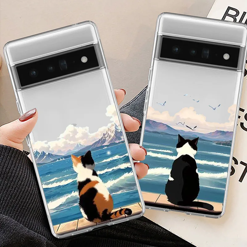 Забавный закат, кошка для Google Pixel 8A 7A 6 6A чехол для телефона 7 Pro 8 8Pro, прозрачный мягкий чехол с пейзажем, чехлы, кожа