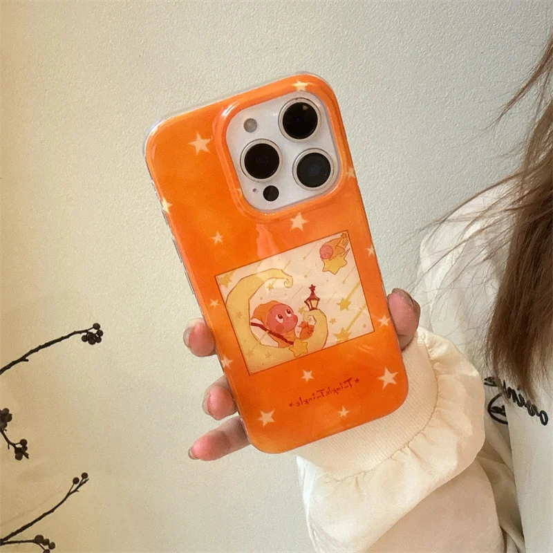 

Lovely Orange Star Phone Case For iPhone 17 Pro 16 15 14 Pro Max Cover with Chain Shockproof Cute Protective Cases For Girls