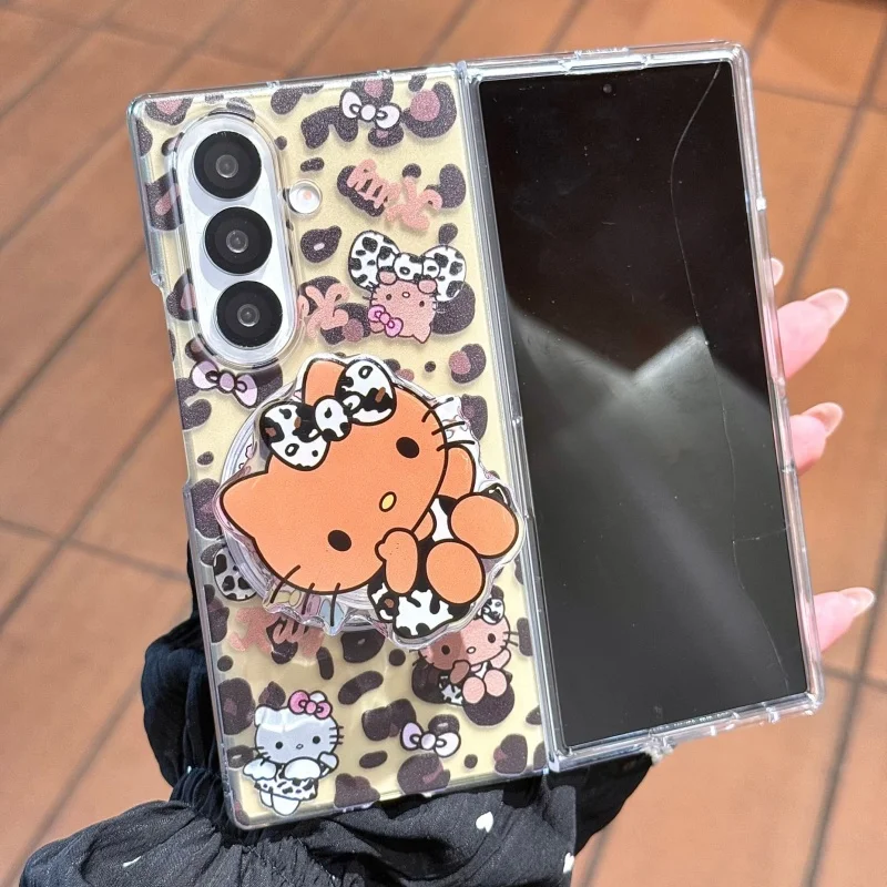 

Luxury leopard Mobile Phone Cute Hello Kitty Magsafe Wireless Charge Folding Case For Samsung ZFold 3 4 5 6 7 Magnetic Holder
