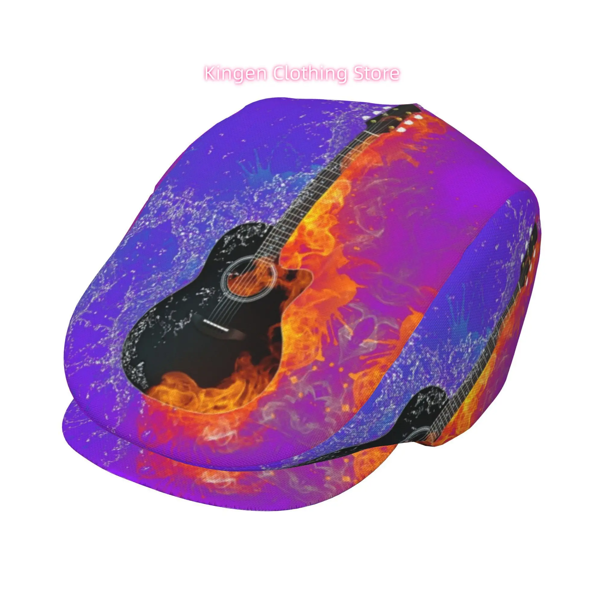 Guitar with Fire and Water Effectsv All-over Print Flat-top Hats for Men and Women, Newsboy Caps, Berets, Irish Hats, Driver Cap