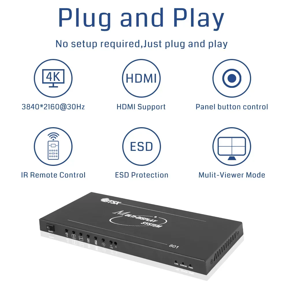 Bitvisus IR Remote Control 3840x2160@30Hz 8 Input1 Output 8x1 HDIMI Multi Viewer 12V@2A AC-DC