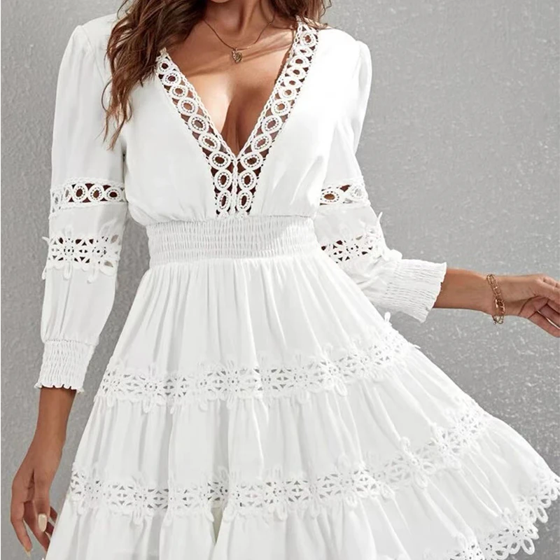 เซ็กซี่ของผู้หญิงฤดูร้อนชุดมินิสีขาวกลวงออกลูกไม้คอวีแขนสามในสี่สบายๆพรรคเย็นเดรสสั้นVestidos