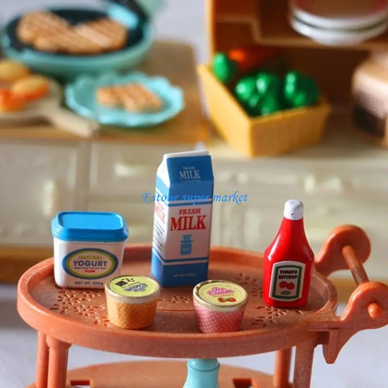 090B 5 Stuks Miniatuur Speelvoedsel Set Poppenhuis Scène Arrangement Realistische Ketchup Ijs Yoghurt voor Kinderen Rollenspel