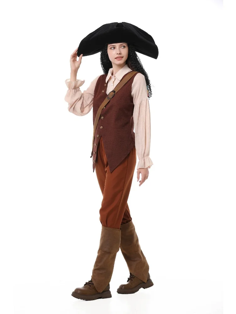 Erwachsenen-Vintage-Piratenkostüm, Gerüschte Bluse, Knopfweste, Schwarzer Dreispitz, Halloween-Bühnenauftritt, Ausgefallenes Outfit-Set – Detail 7