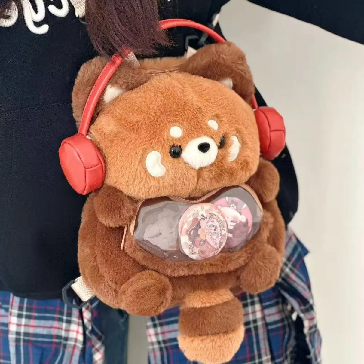 لطيف أفخم الباندا الأحمر على ظهره سعة كبيرة لينة حقيبة كتف الموضة Kawaii رقيق ارتداء سماعات الحيوان حقيبة امرأة فتاة هدية