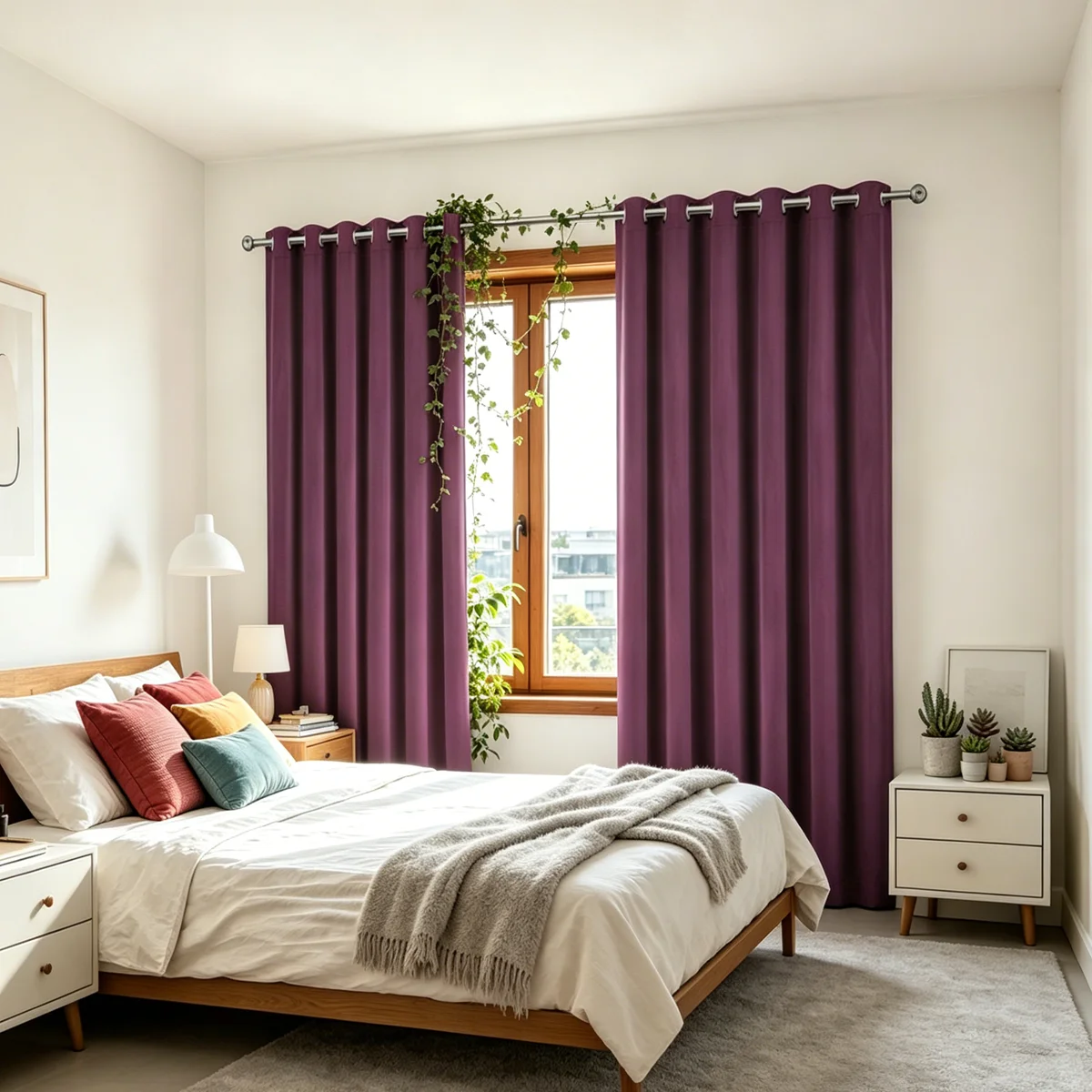Minimalist Solid Polyester Curtains, 2-Piece Purple Eyelet Window Drapes, Soft Light Blocking Curtain for Bedroom Living Room Home Interior Decoration