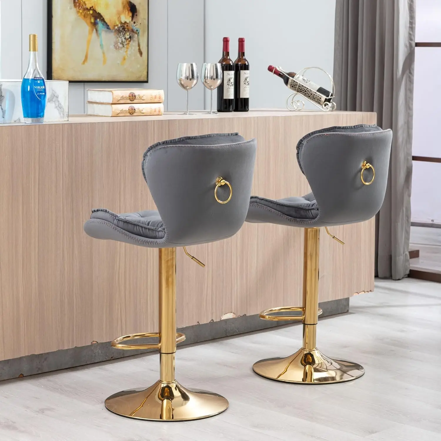 Danxee 24-33 Inch Velvet Bar Stools, Counter Height Adjustable Swivel Barstools High Bar Chairs With Back & Golden Metal Base,