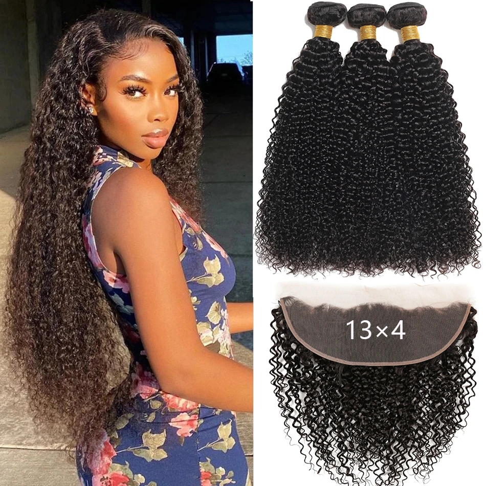 

12A Brazilian Kinky Curly Bundles With Frontal 100% Human Hair Bundles With Closure Jerry Curl Deep Wave Bundles With Closure