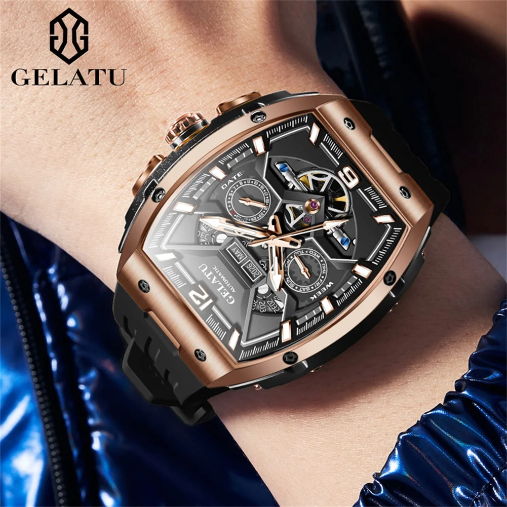 GELATU 6013 Tonneau Dial Mechanical Watch For Men Hollow Skeleton Auto Date Hand Clock Luxury Business Deep Waterproof Man Watch