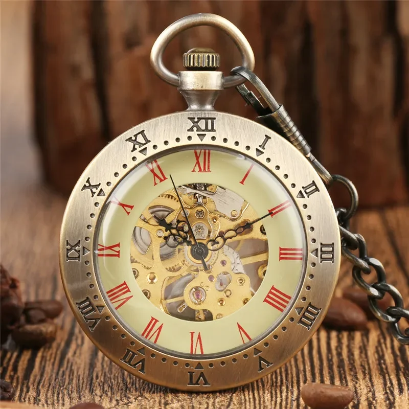 

Bronze Carving Roman Number Unisex Handwinding Mechanical Pocket Watch Pendant Chain Skeleton Clock for Men Women Gift Reloj